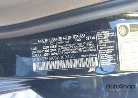 2011 Mercedes-Benz E 350 from USA, damaged, VIN WDDHF5GB0BA309458